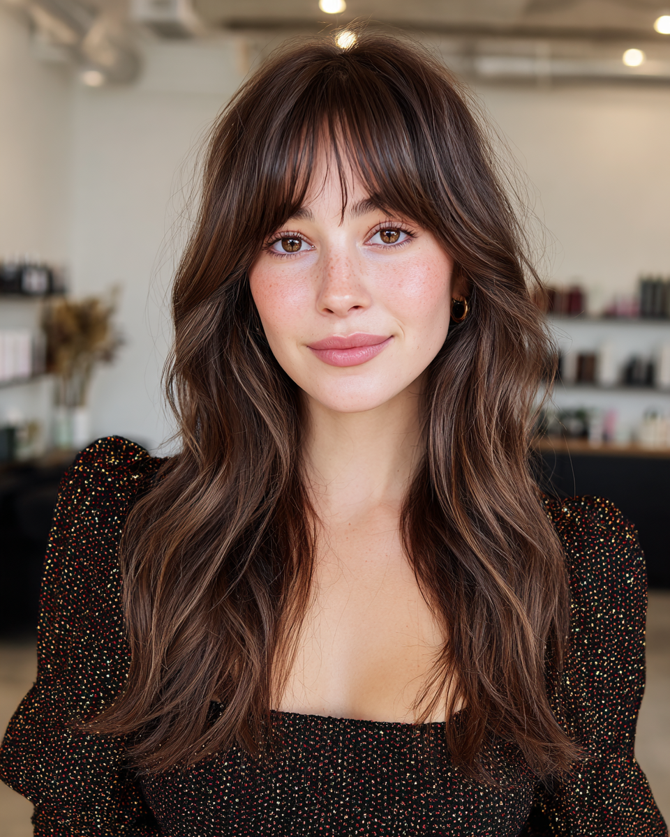 Chic Long Layers with Soft Curtain Bangs