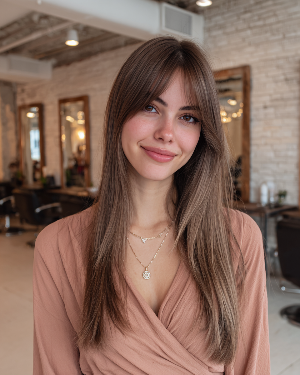 Chic Long Layers with Soft Face-Framing Bangs
