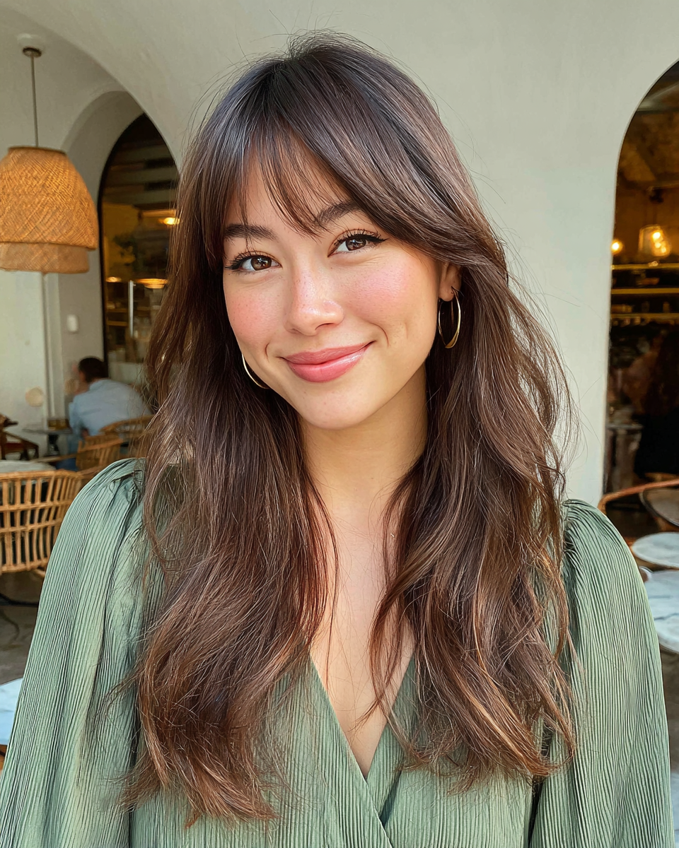 Chic Long Layers with Soft Textured Bangs