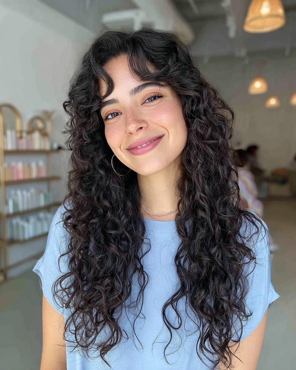 Curly Long Layers with Soft Face-Framing Bangs