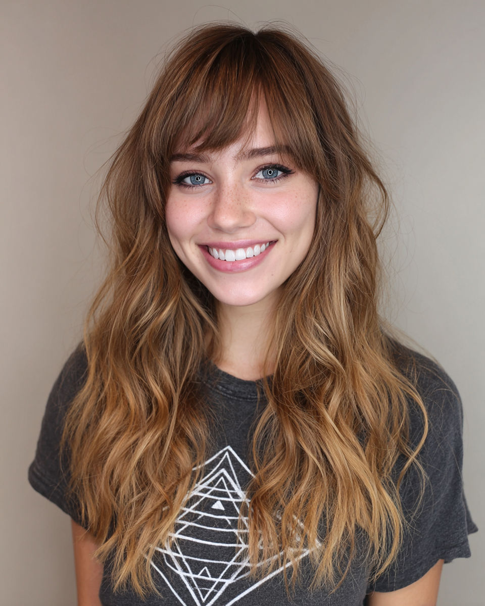 Effortlessly Chic Long Waves with Soft Face-Framing Bangs