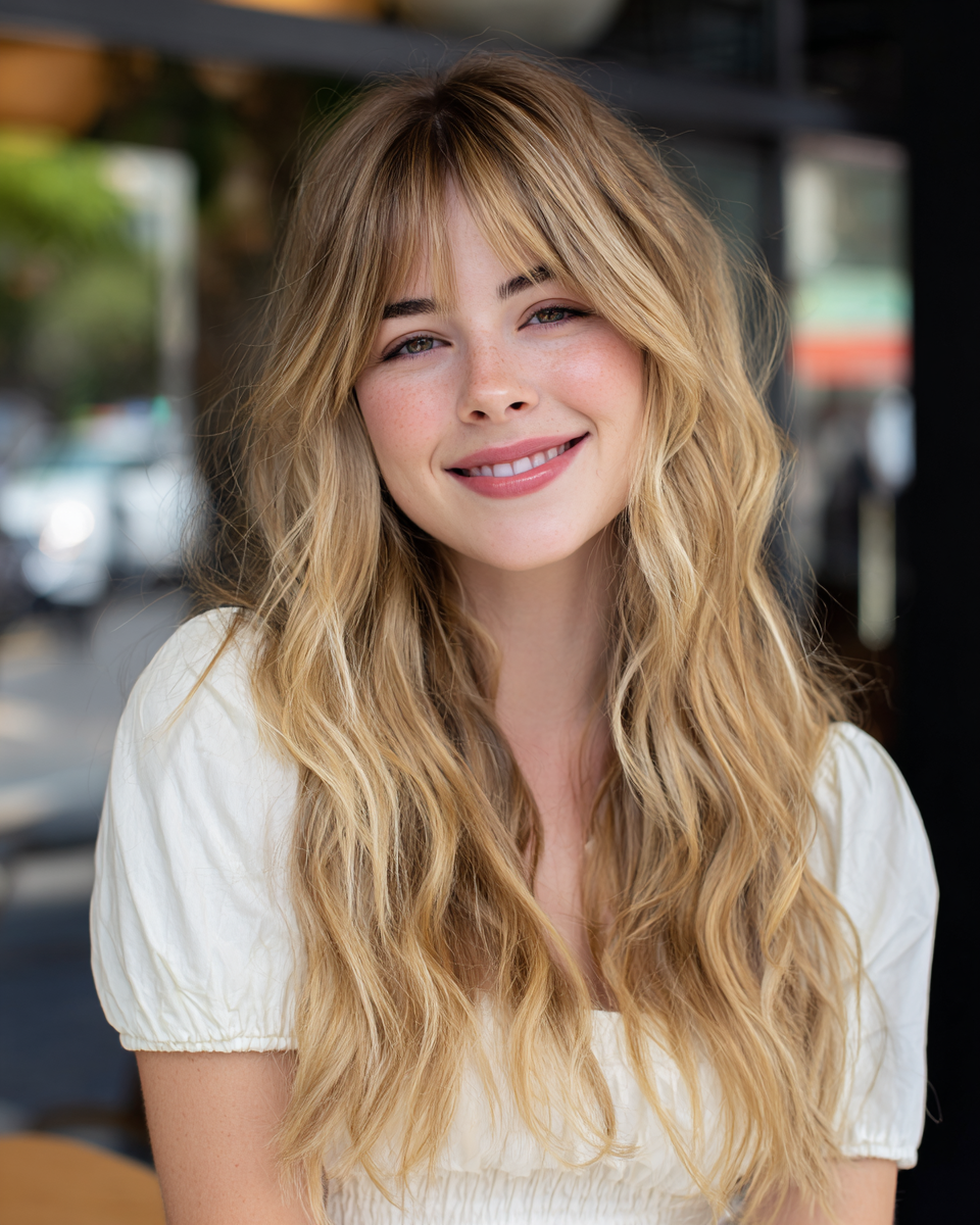 Effortlessly Wavy Long Locks with Soft Bangs