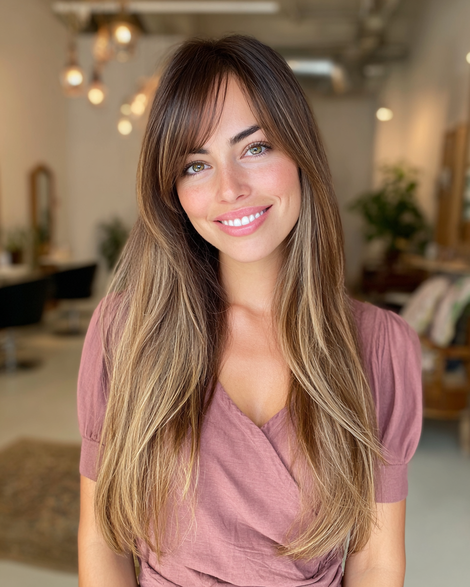 Long Layered Haircut with Face-Framing Bangs