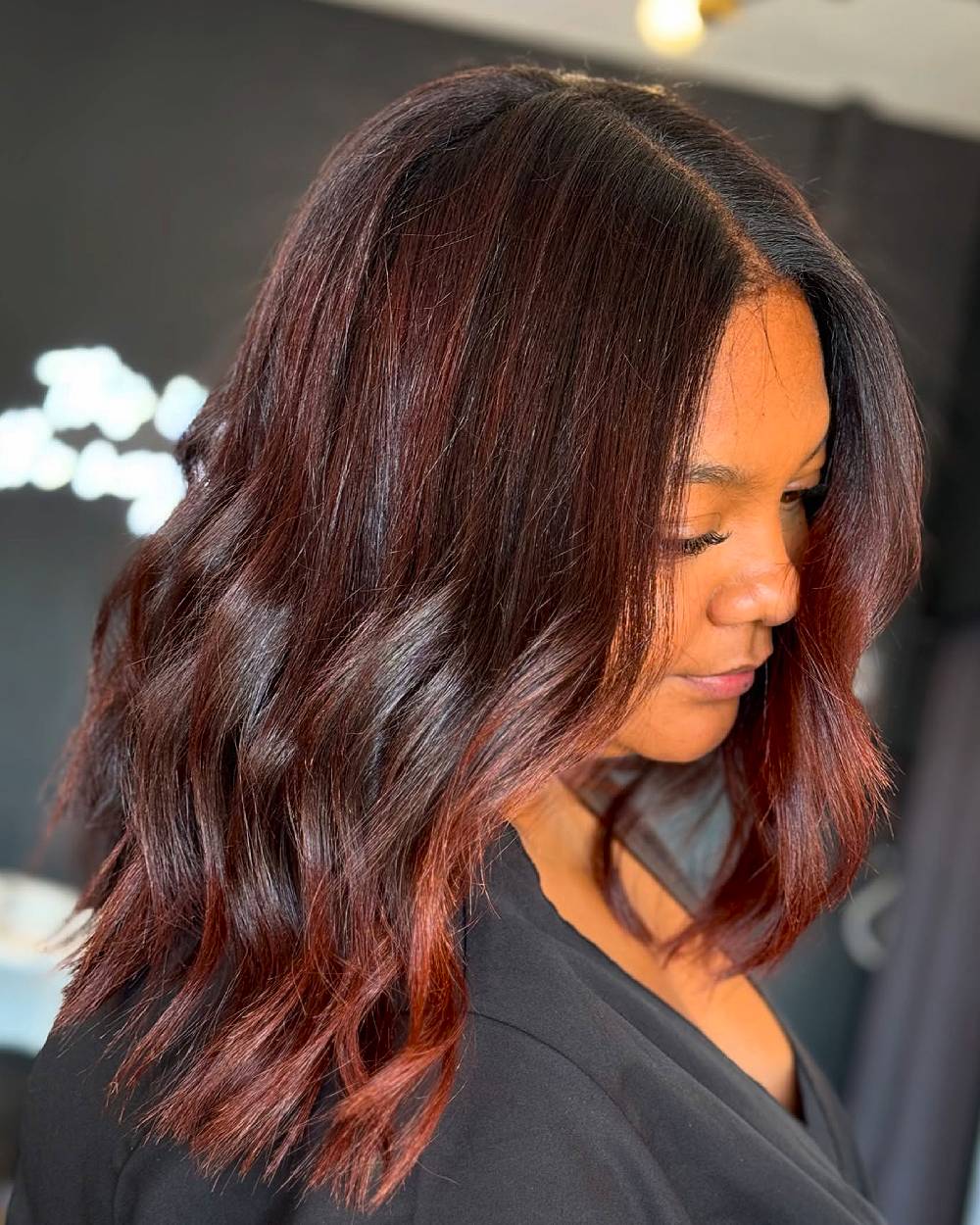 Sultry Cherry Chocolate Bob with Soft Layers