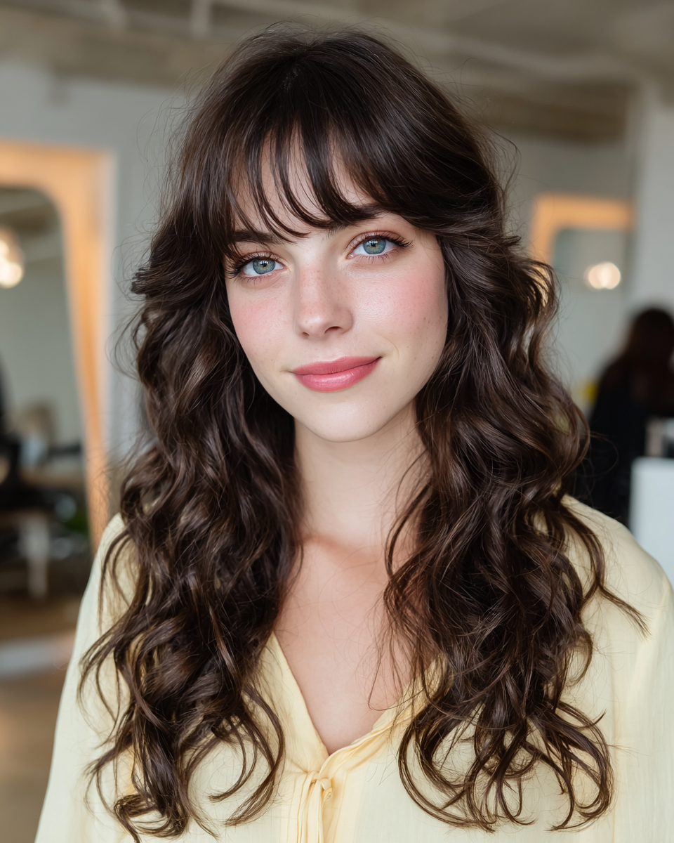 Textured Long Curls with Soft Face-Framing Bangs