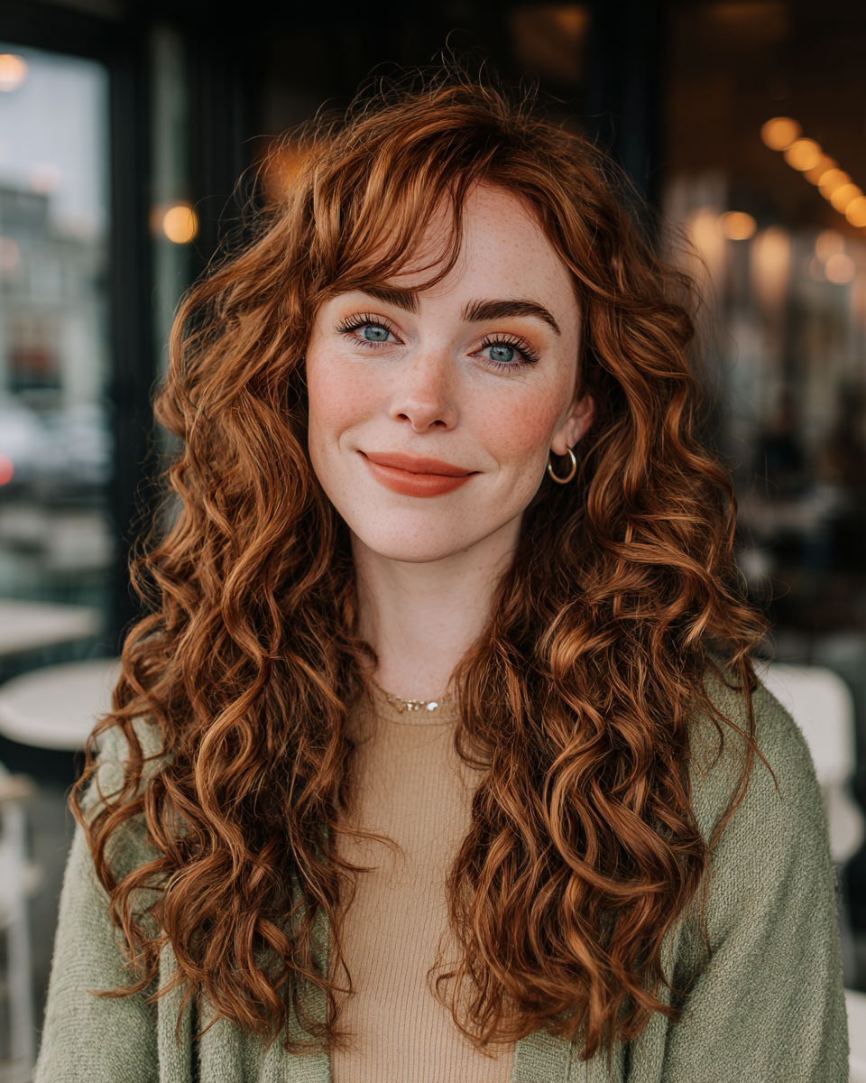 Voluminous Curly Layers with Soft Face-Framing Bangs