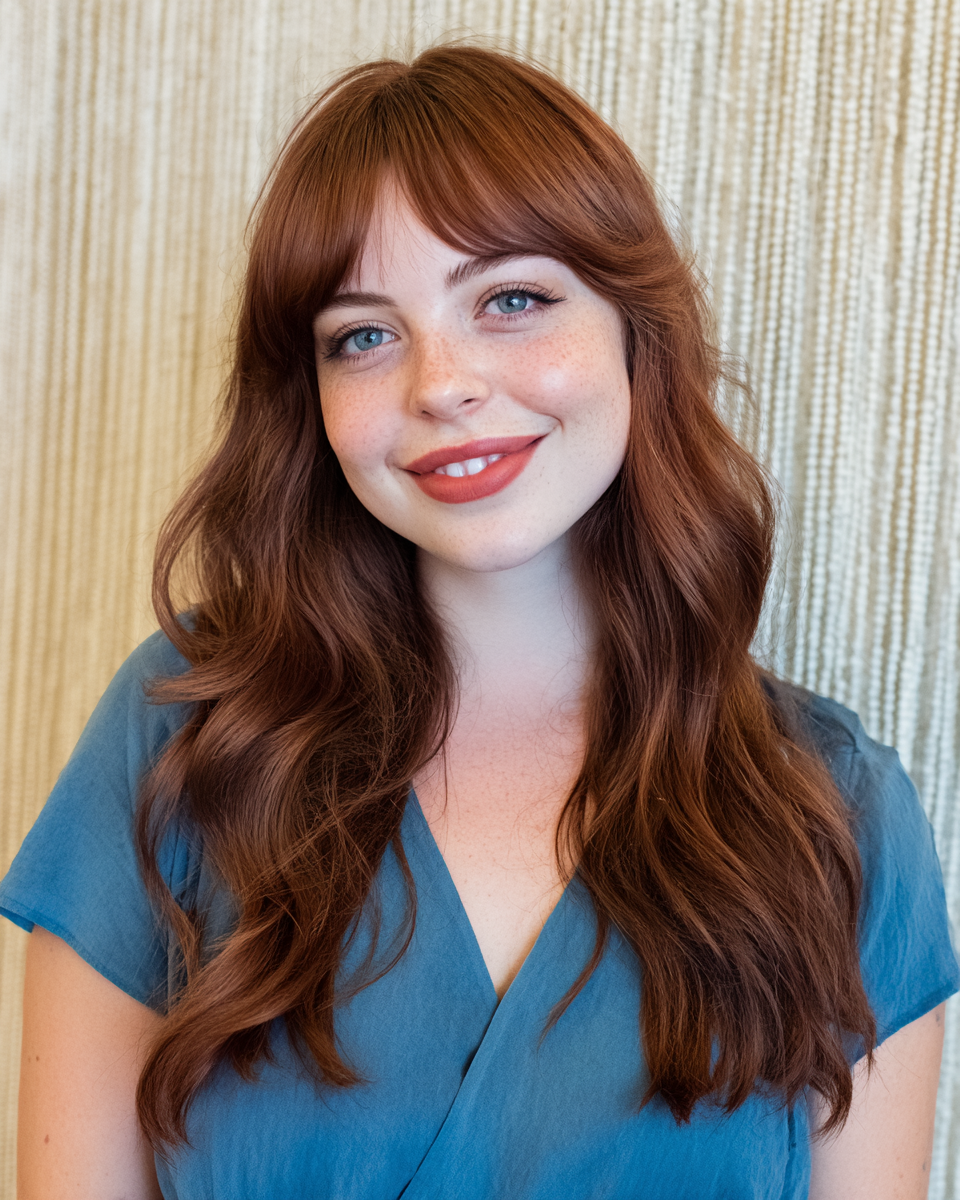 Warm Auburn Waves with Soft Face-Framing Bangs