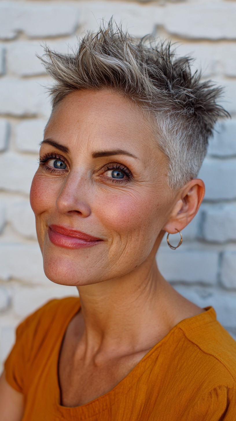 Chic Salt-and-Pepper Textured Top with Close-Cropped Sides