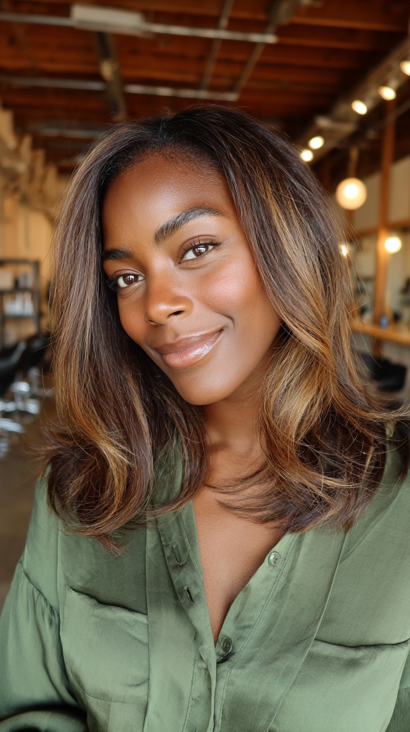 Mechas caramelo despojadas com camadas soltas