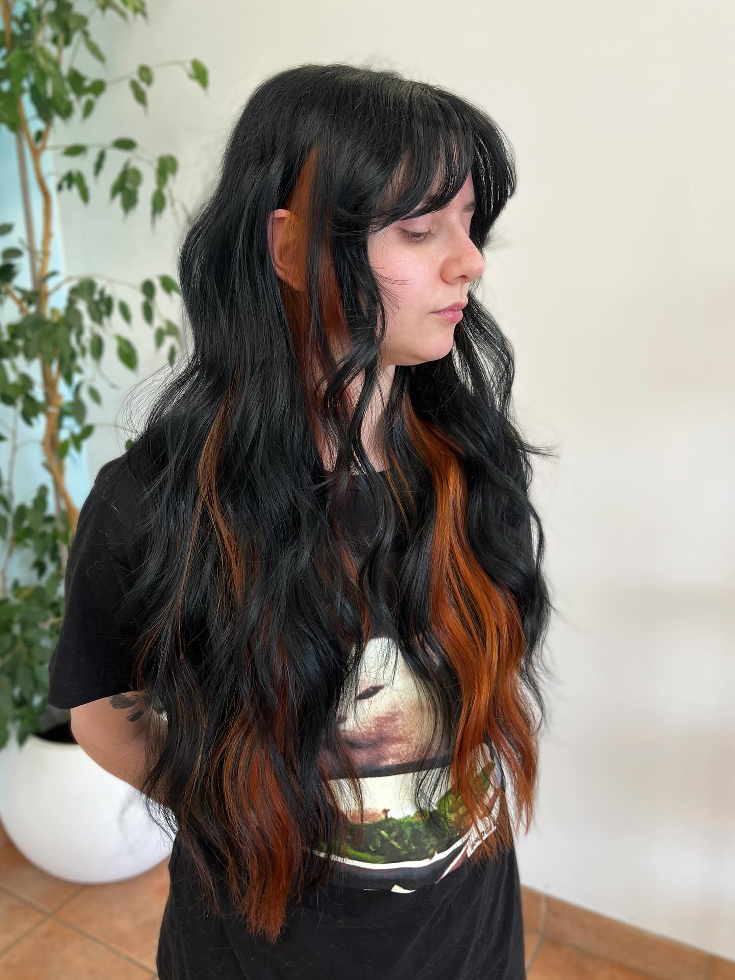 Midnight Black with Auburn Streaks Cascading Layers