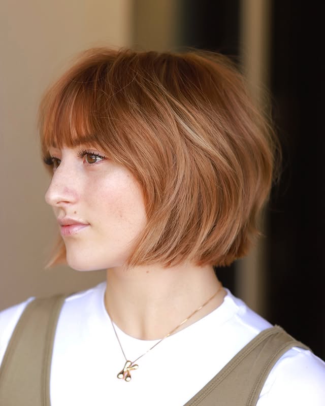 Soft Auburn Bob with Delicate Fringe