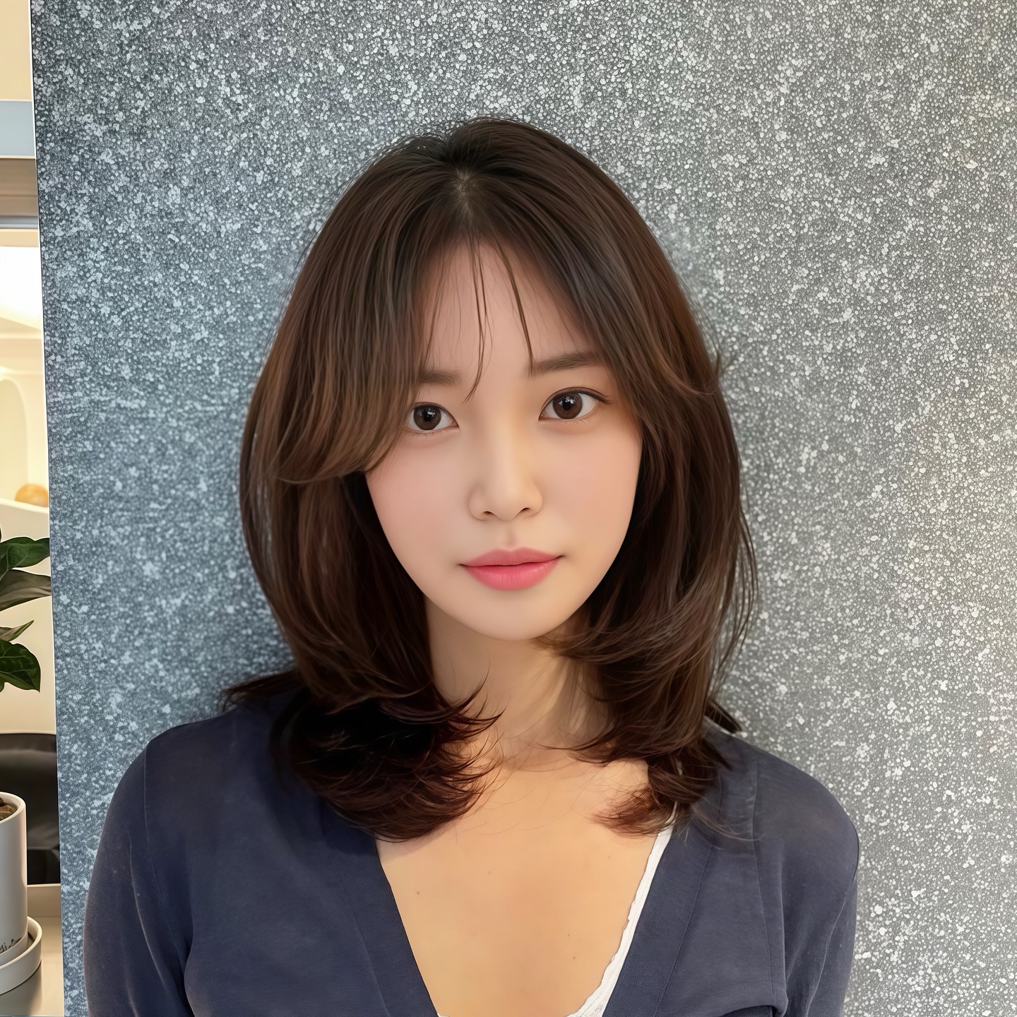 Mechas castanhas suavemente afiladas com reflexos que emolduram o rosto.
