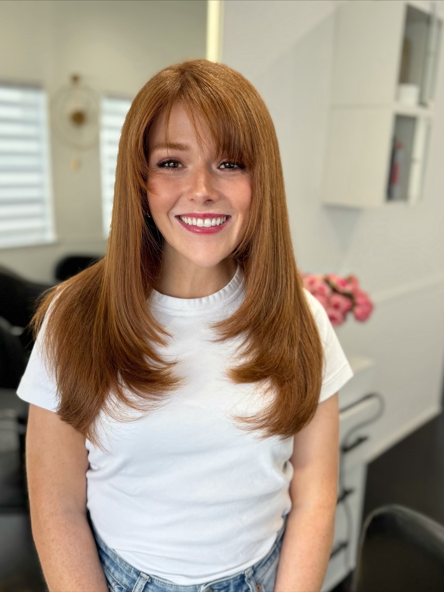 Vibrant Copper Long Bob with Full Bangs