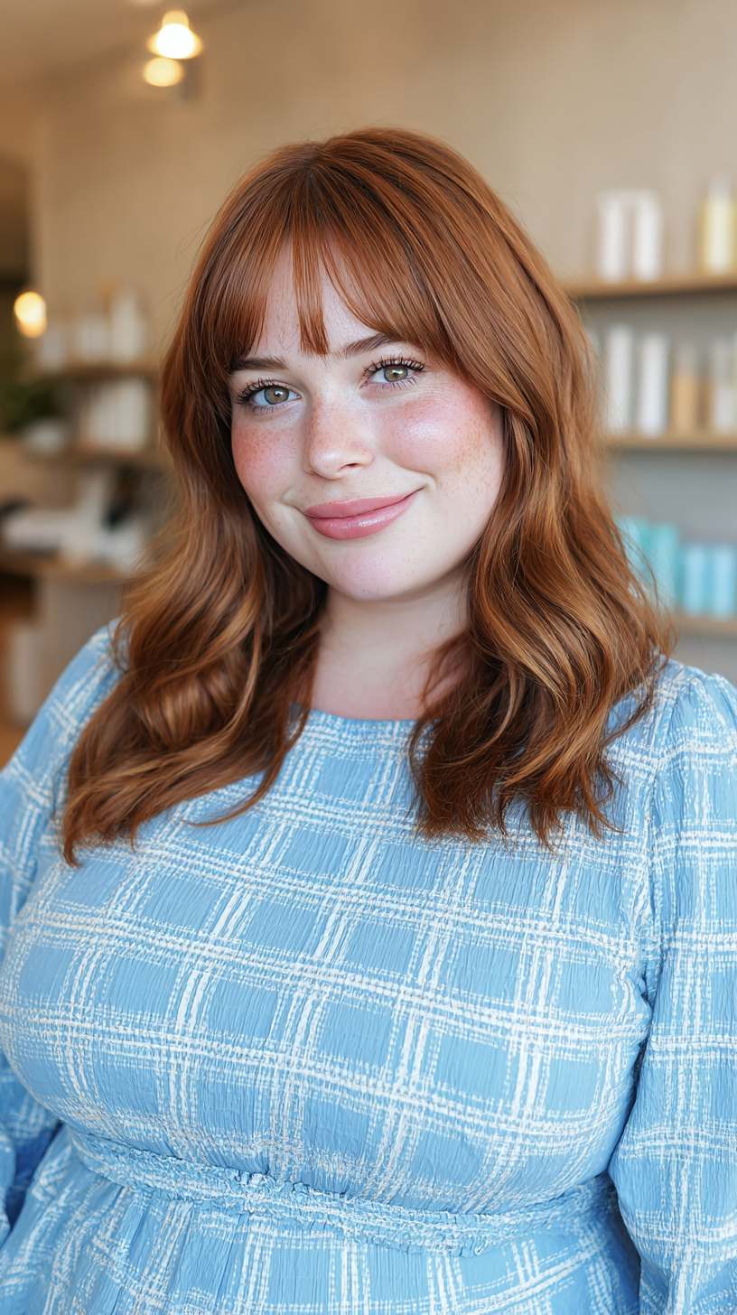 Charming Medium Length Cut with Soft Waves and Wispy Bangs