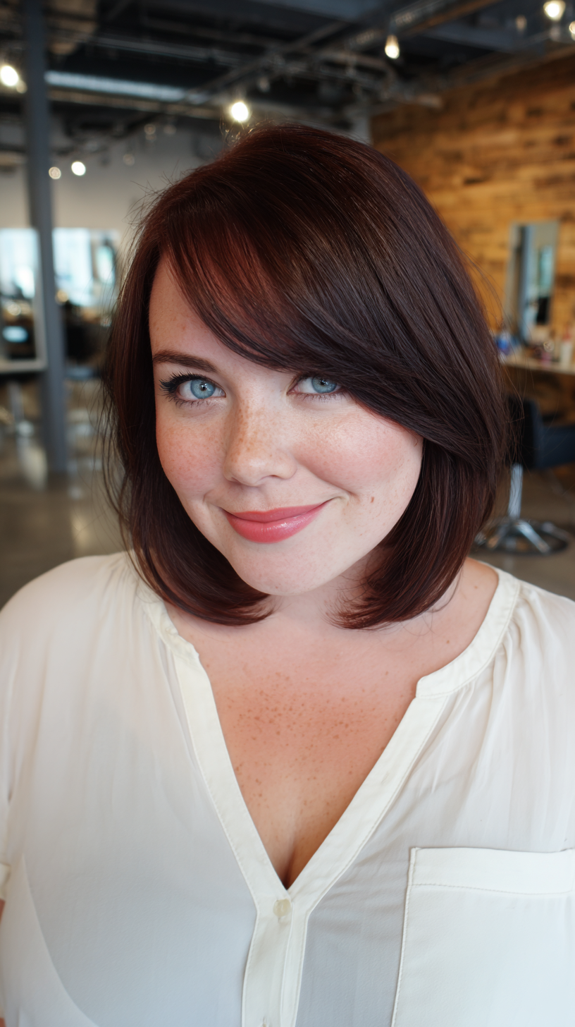 Charming Rich Auburn Medium Length Cut with Soft Bangs