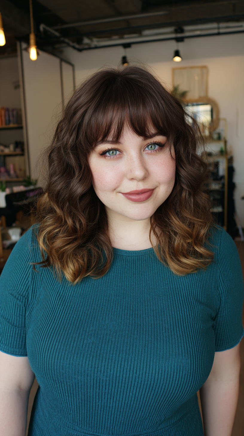 Chic Curly Medium Length Cut with Soft Bangs