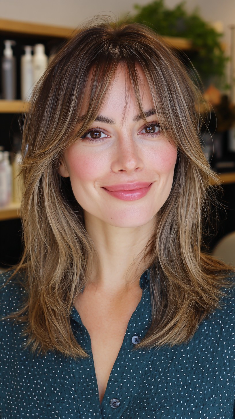 Effortless Brunette Shag with Curtain Bangs