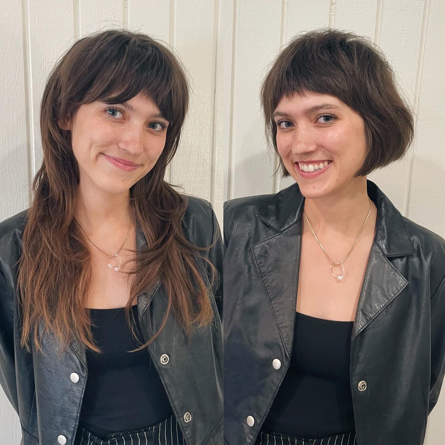 Effortless Transformation from Long Layered Fringe to Chic Short Bob