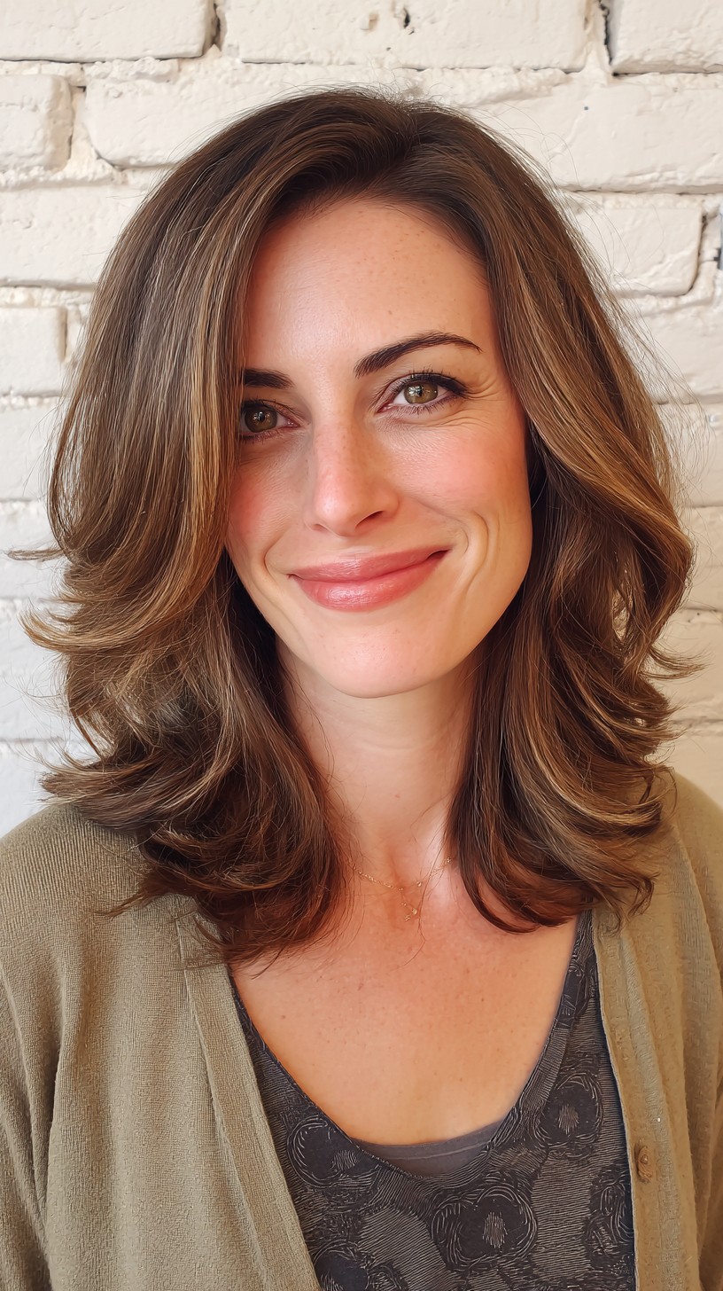 Elegant Caramel Midlength Layers with Soft Waves