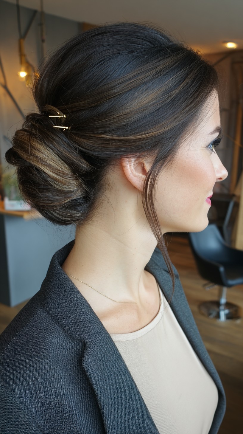 Elegant Low Twisted Bun with Strategic Highlights