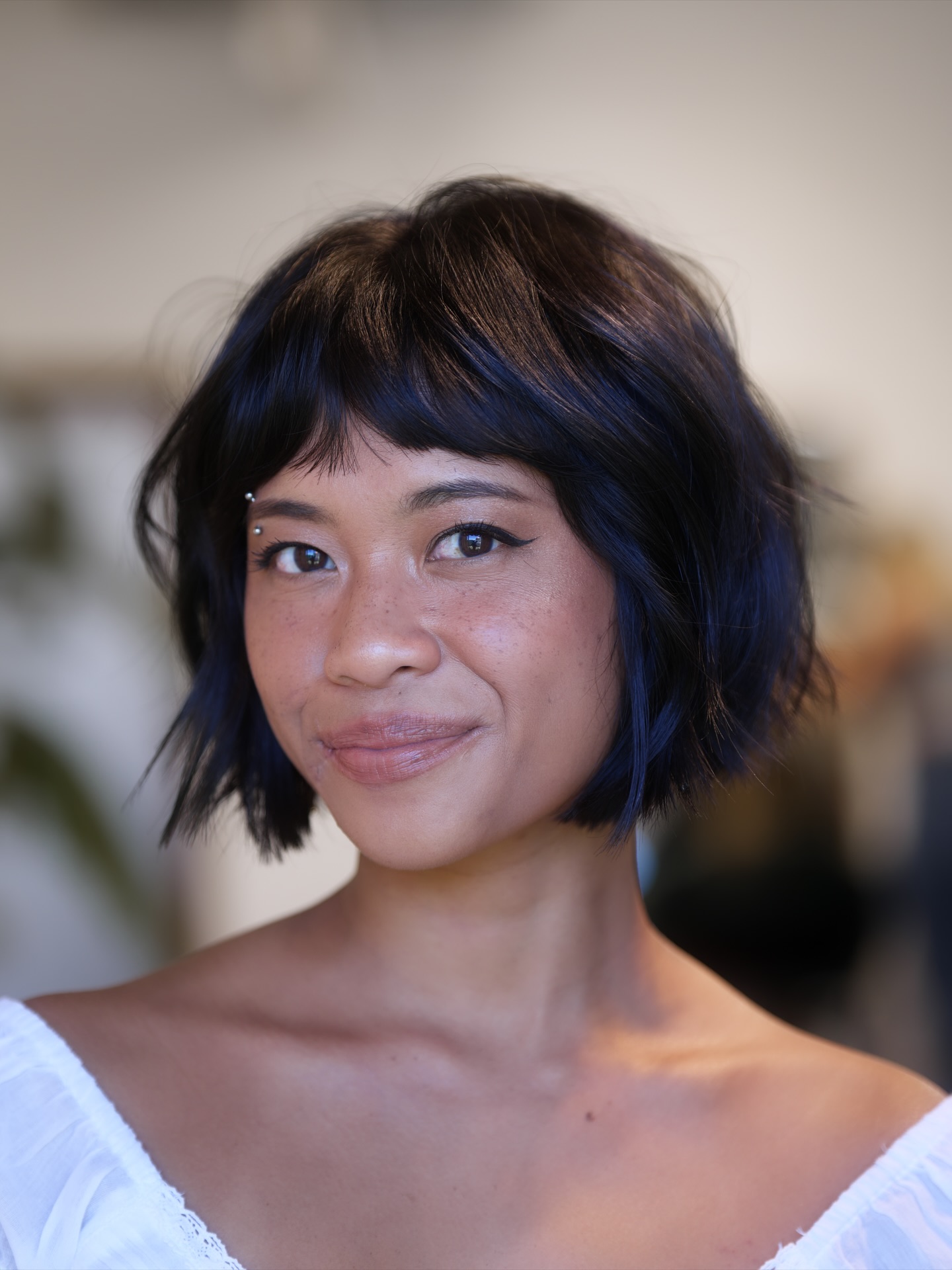 Navy-Tipped Textured Bob with Defined Fringe
