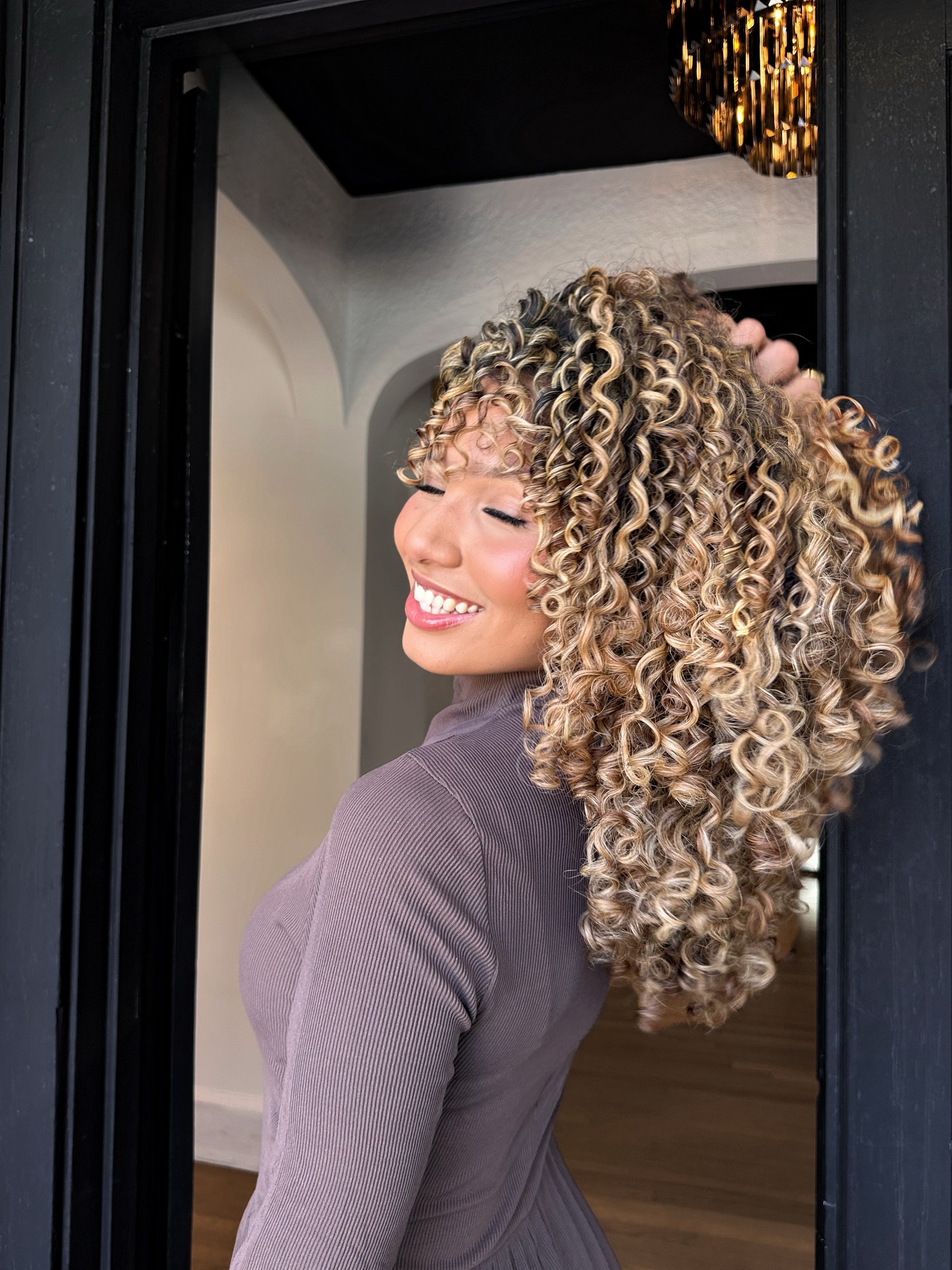 Playful Caramel Curly Halo with Tapered Sides