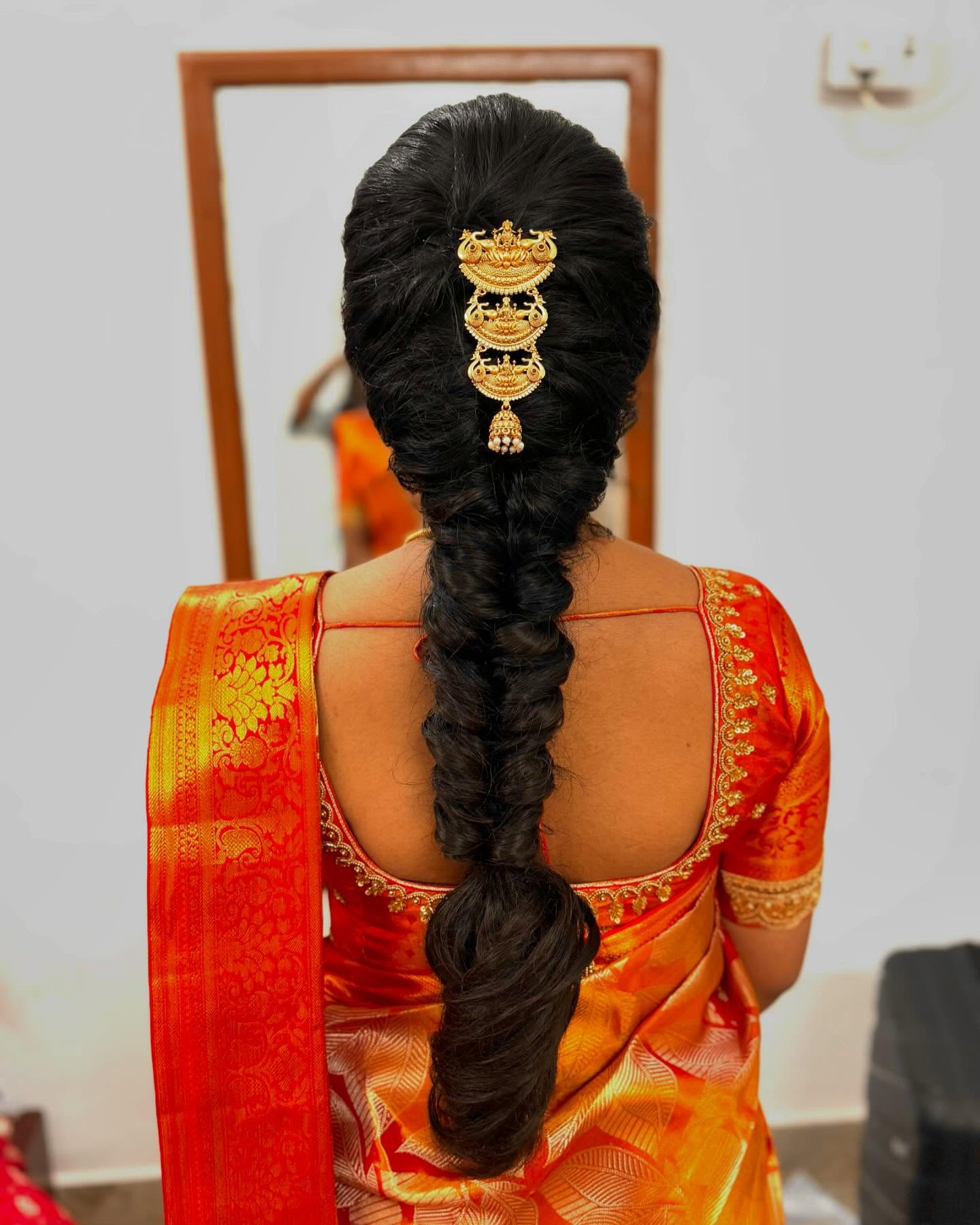 Regal Gold-Embellished Fishtail Braid for Saree Elegance