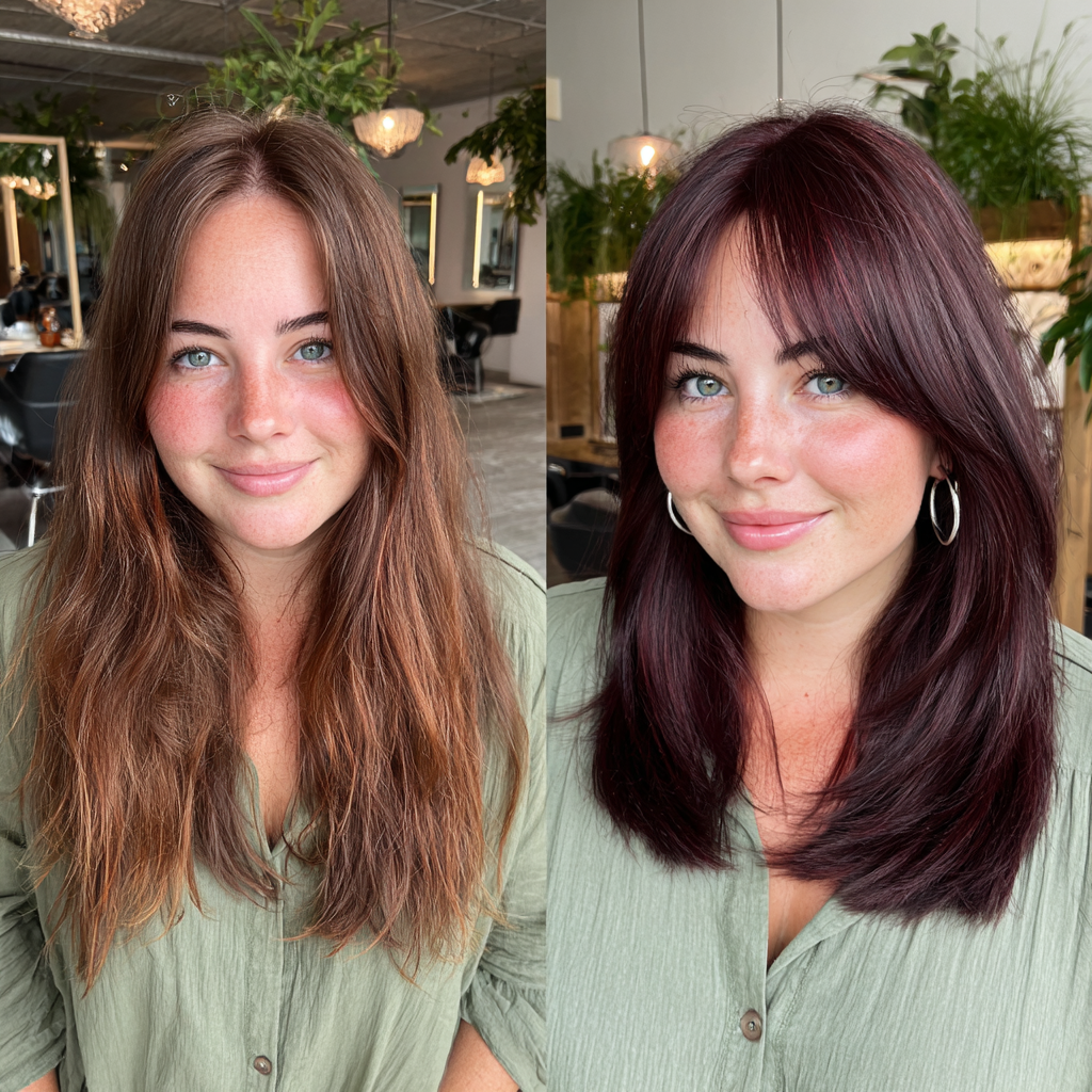 Rich Burgundy Long Layered Cut with Face-Framing Bangs