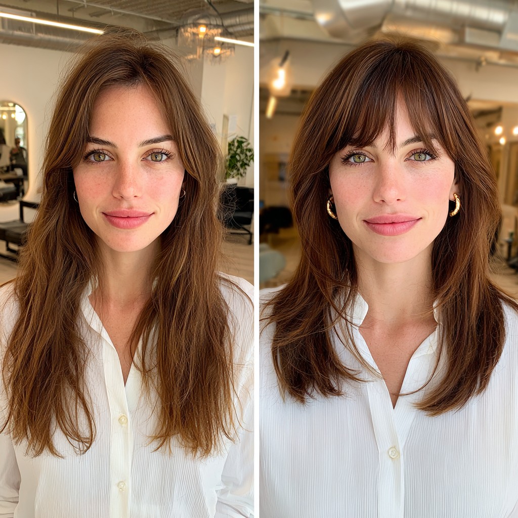 Seamless Brunette Transition with Soft Fringe