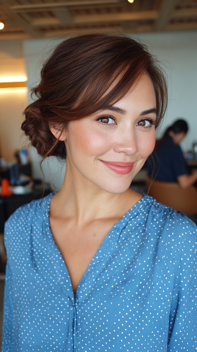 Soft Side-Swept Bun with Delicate Wisps