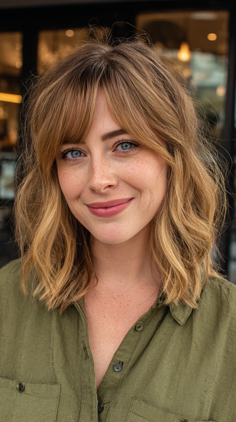 Textured Golden Midlength Cut with Curtain Bangs