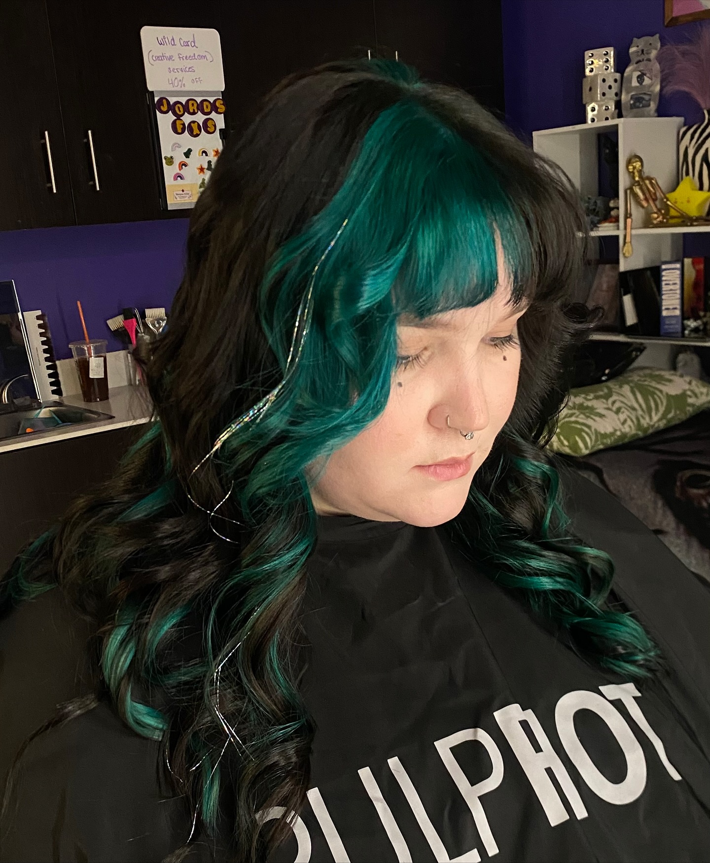 Bold Teal Bangs with Soft Waves