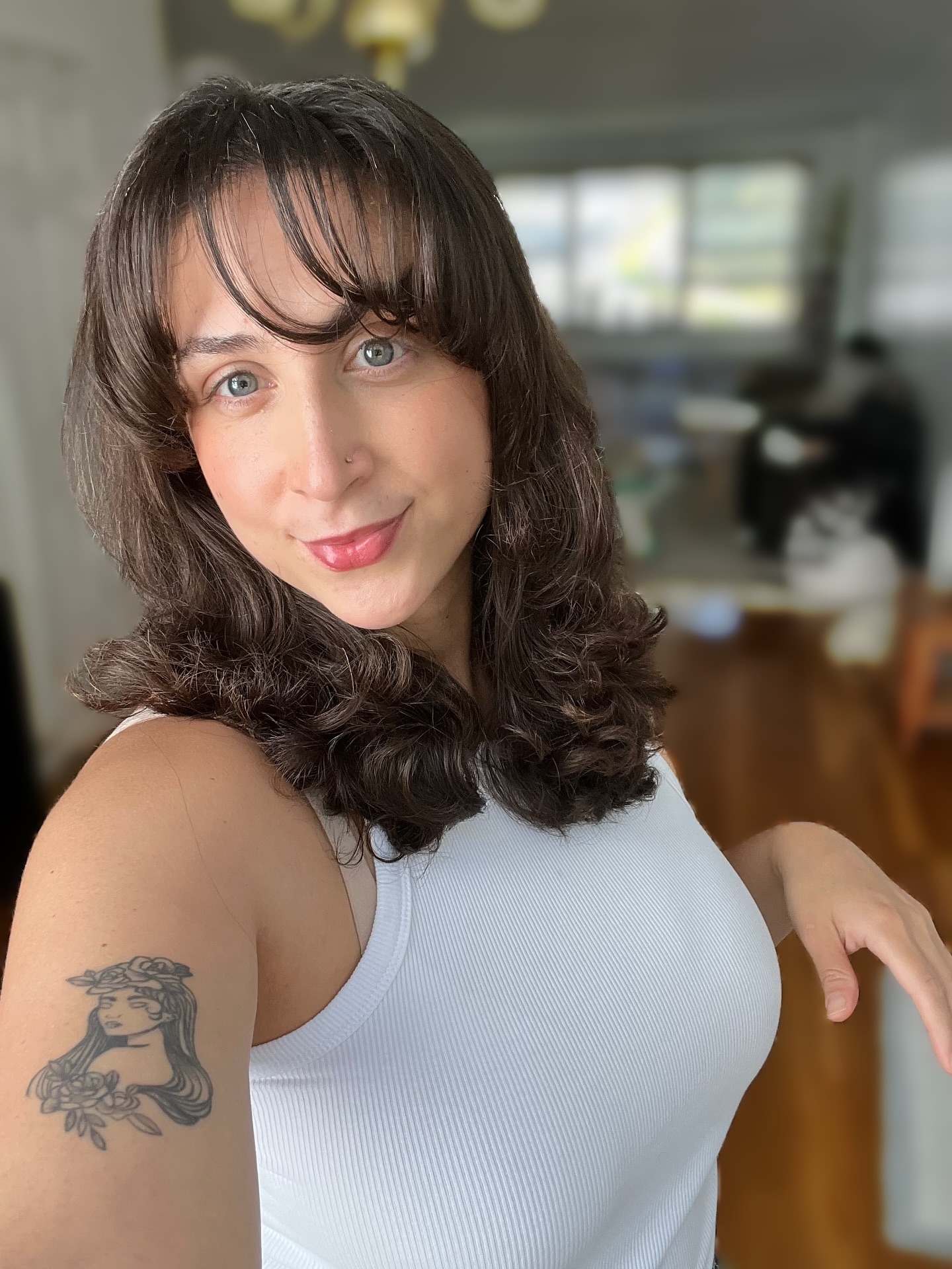 Charming Chestnut Curls with Arched Fringe