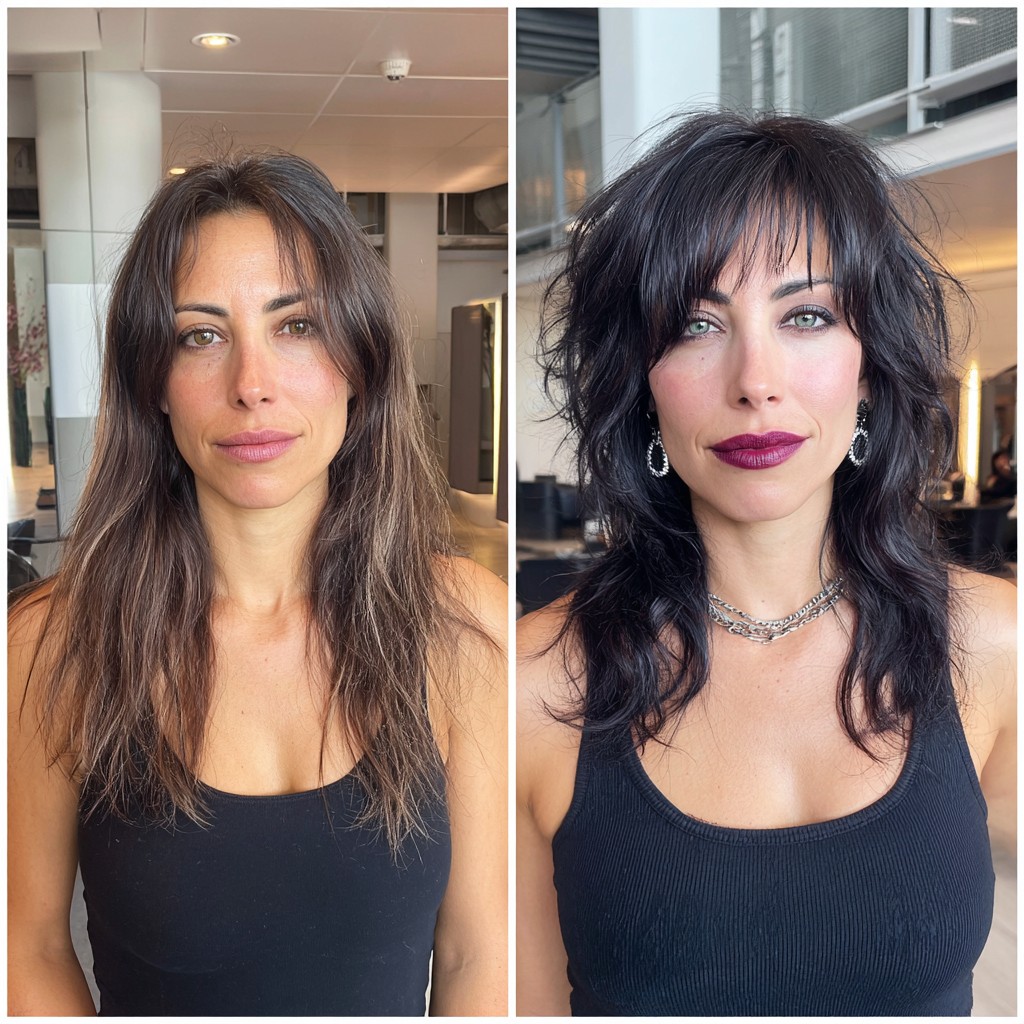 Deep Charcoal Textured Layered Cut with Side-Swept Bangs