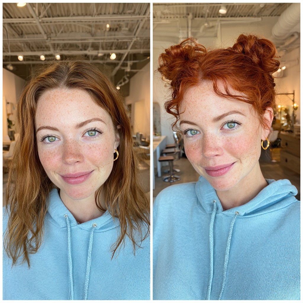 Playful Copper Double Buns with Natural Texture
