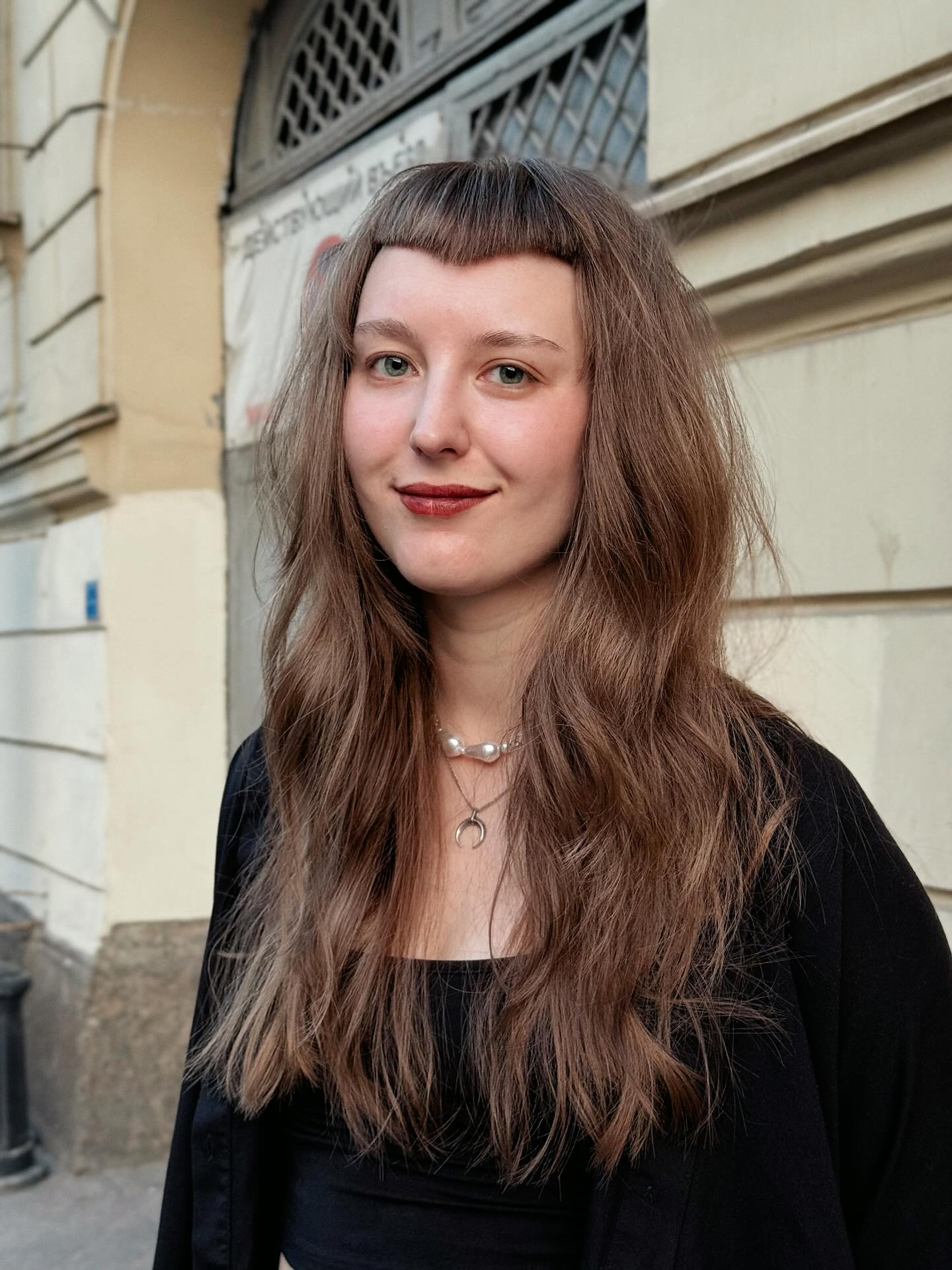 Textured Chestnut Waves with Micro Bangs