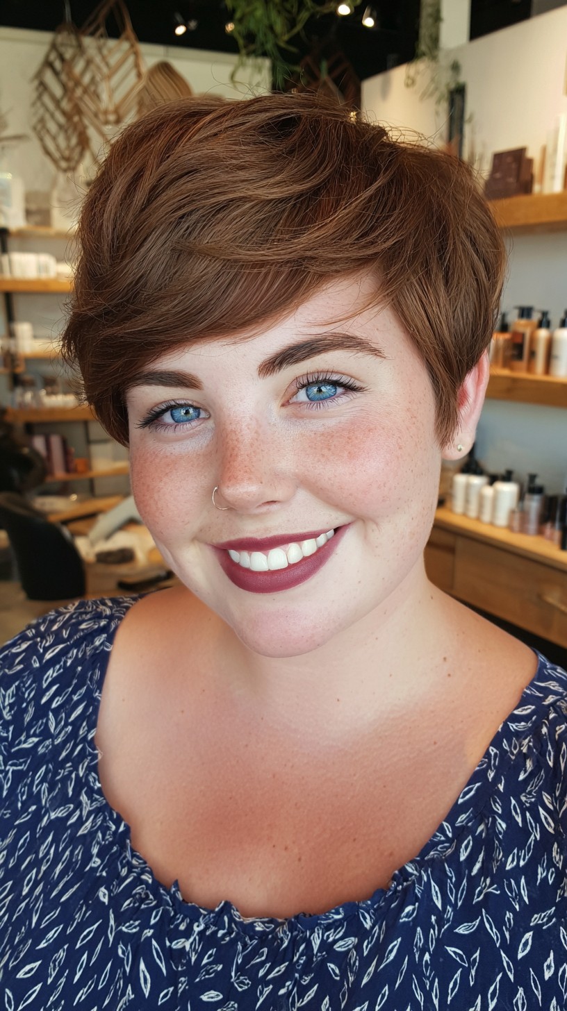 Vibrant Auburn Tousled Pixie with Sweeping Bangs