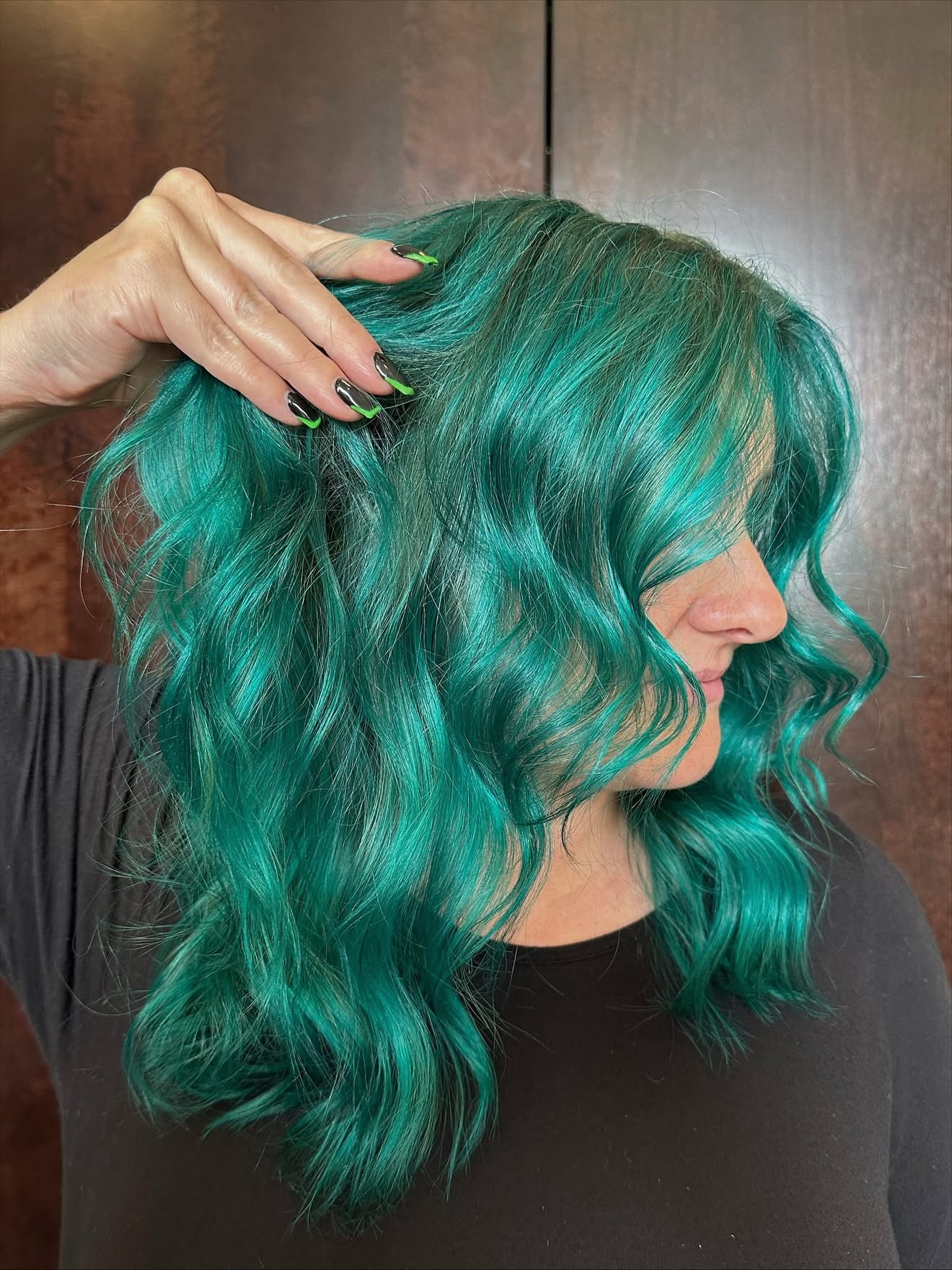 Vibrant Teal Cascading Curls