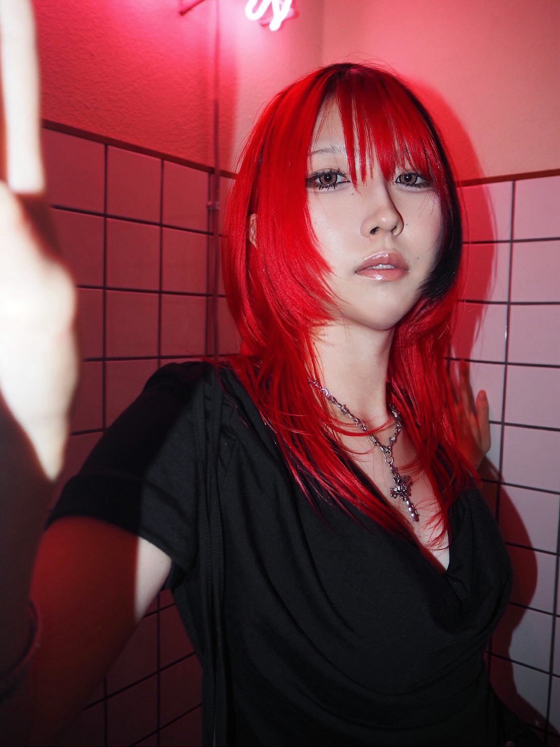 Vivid Red Sleek Bob with Sharp Fringe