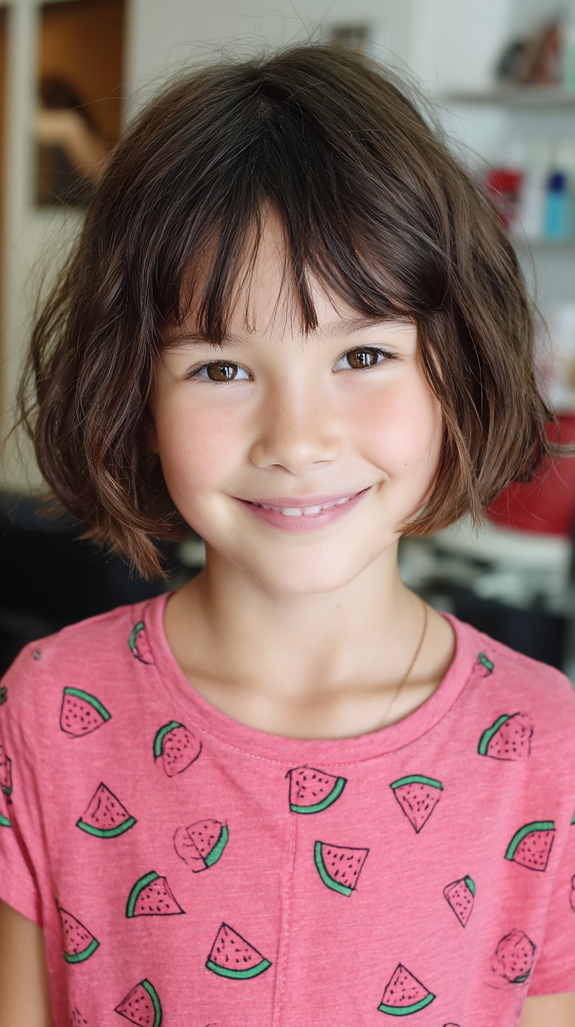 Lässiger, kastanienbrauner, schulterlanger Bob mit zarten Wellen