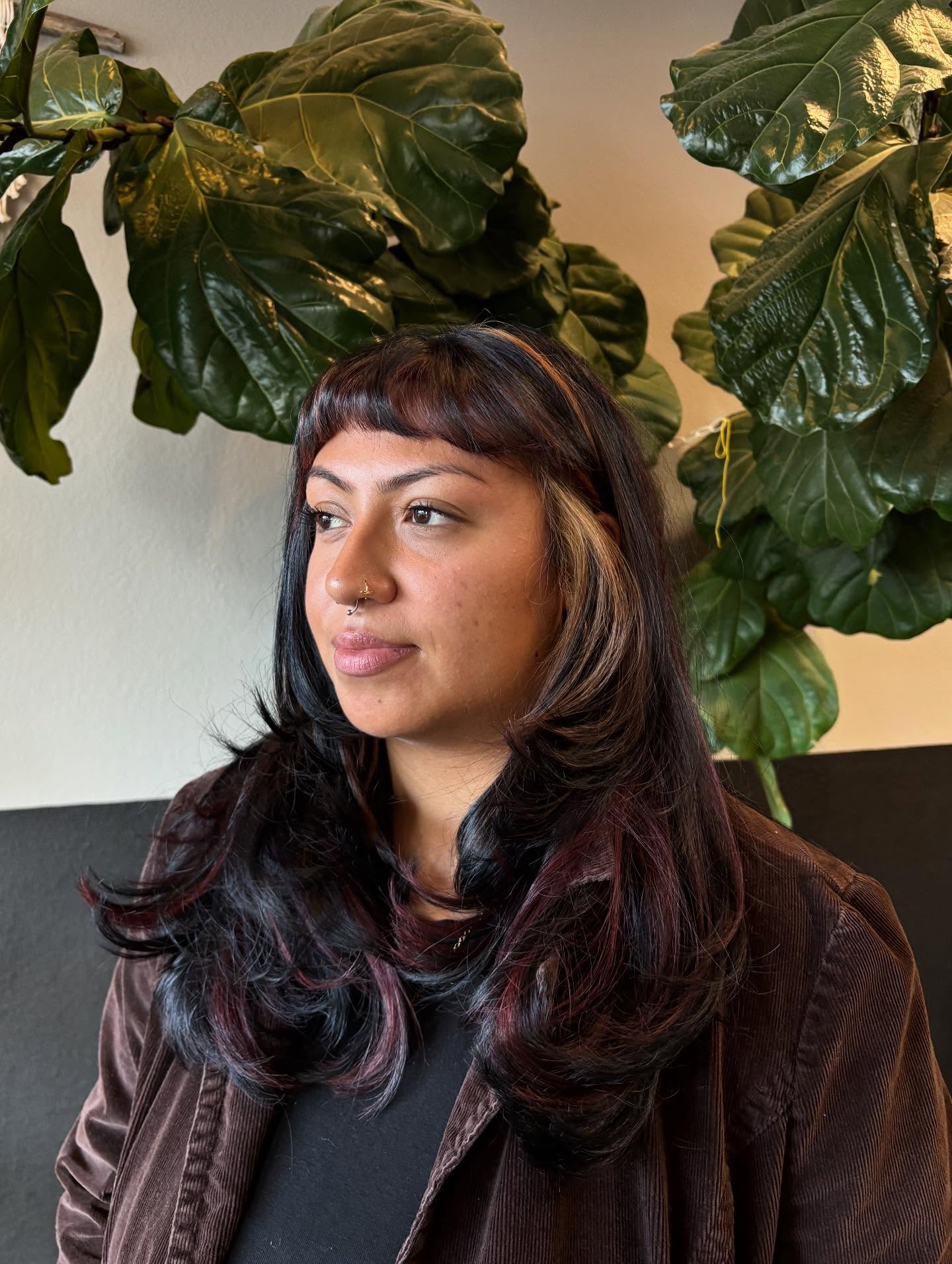 Brunette Cascade with Rosewood Highlights and Micro Bangs