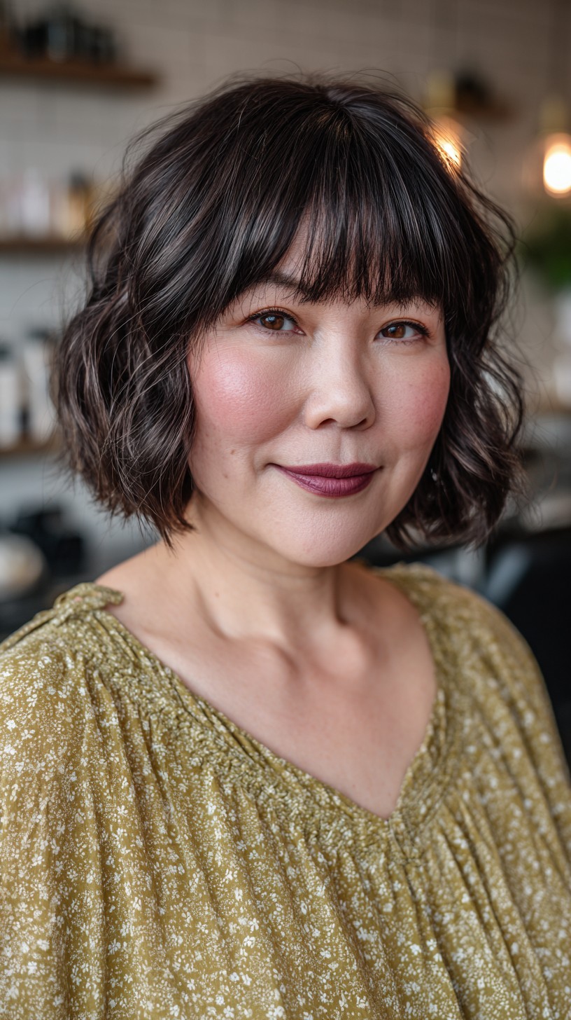 Brunette Wavy Bob with Soft Curtain Bangs