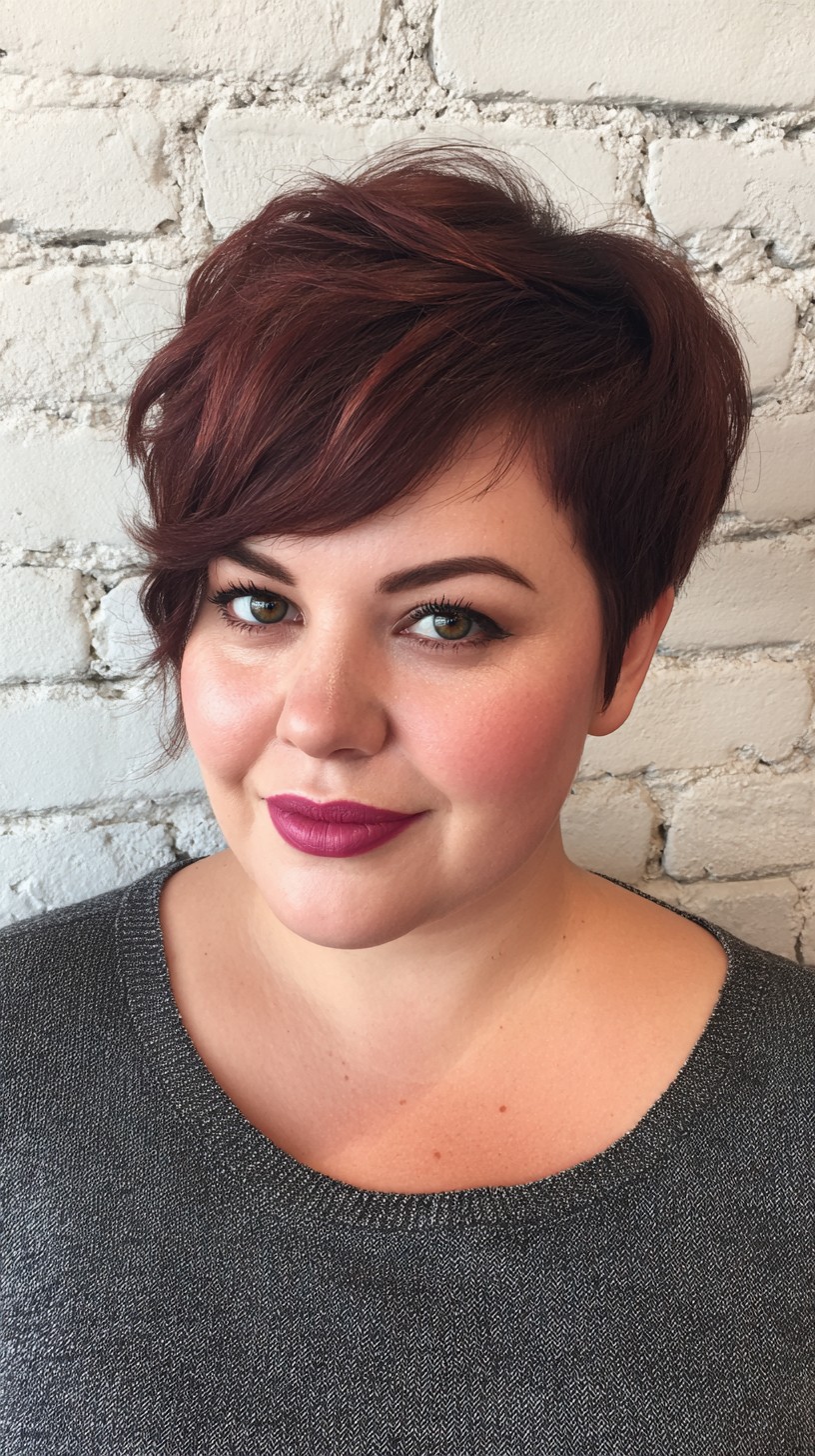 Burgundy Asymmetrical Pixie for Round Faces