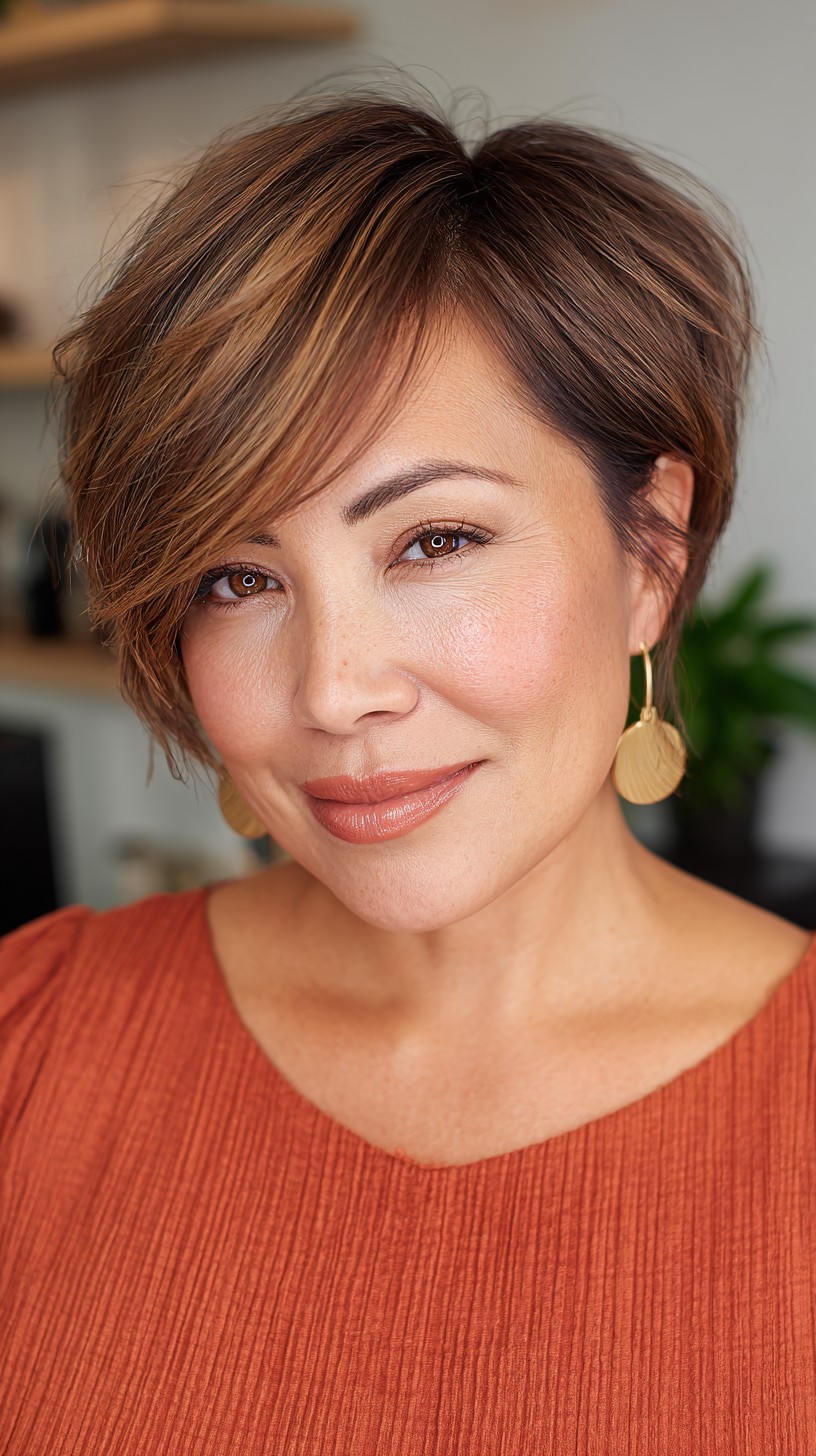 Caramel Blonde Layered Pixie with Side Fringe