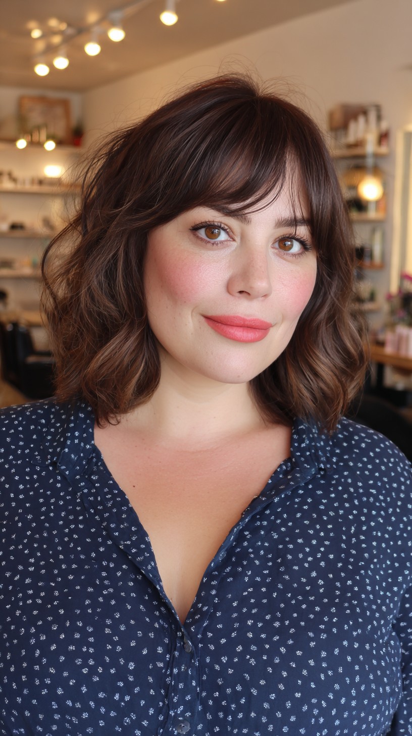 Charming Chestnut Shoulder-Length Waves with Wispy Bangs