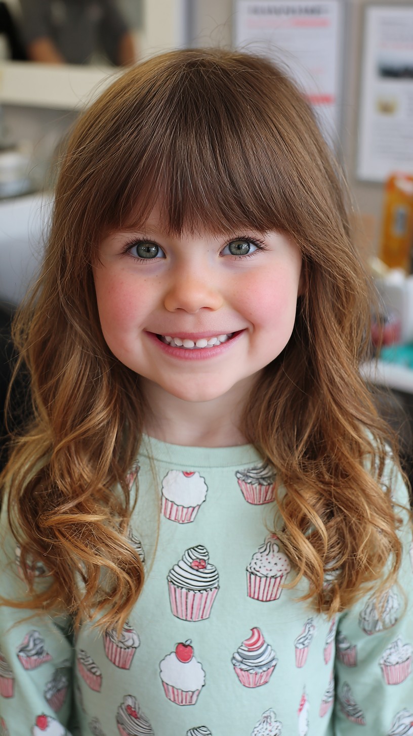 Fließende kastanienbraune Wellen mit fransigem Pony