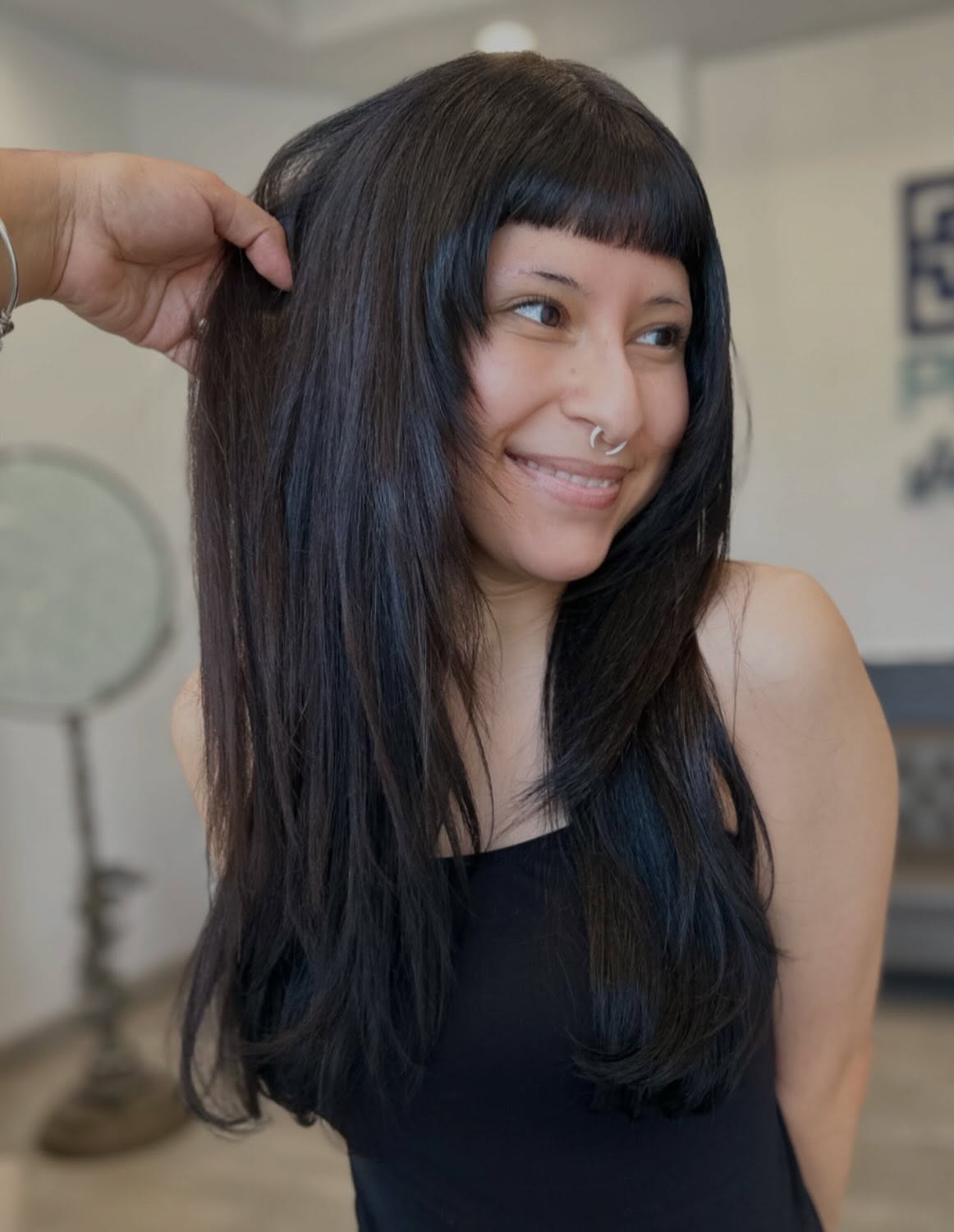 Silky Midnight Cascade with Delicate Baby Bangs