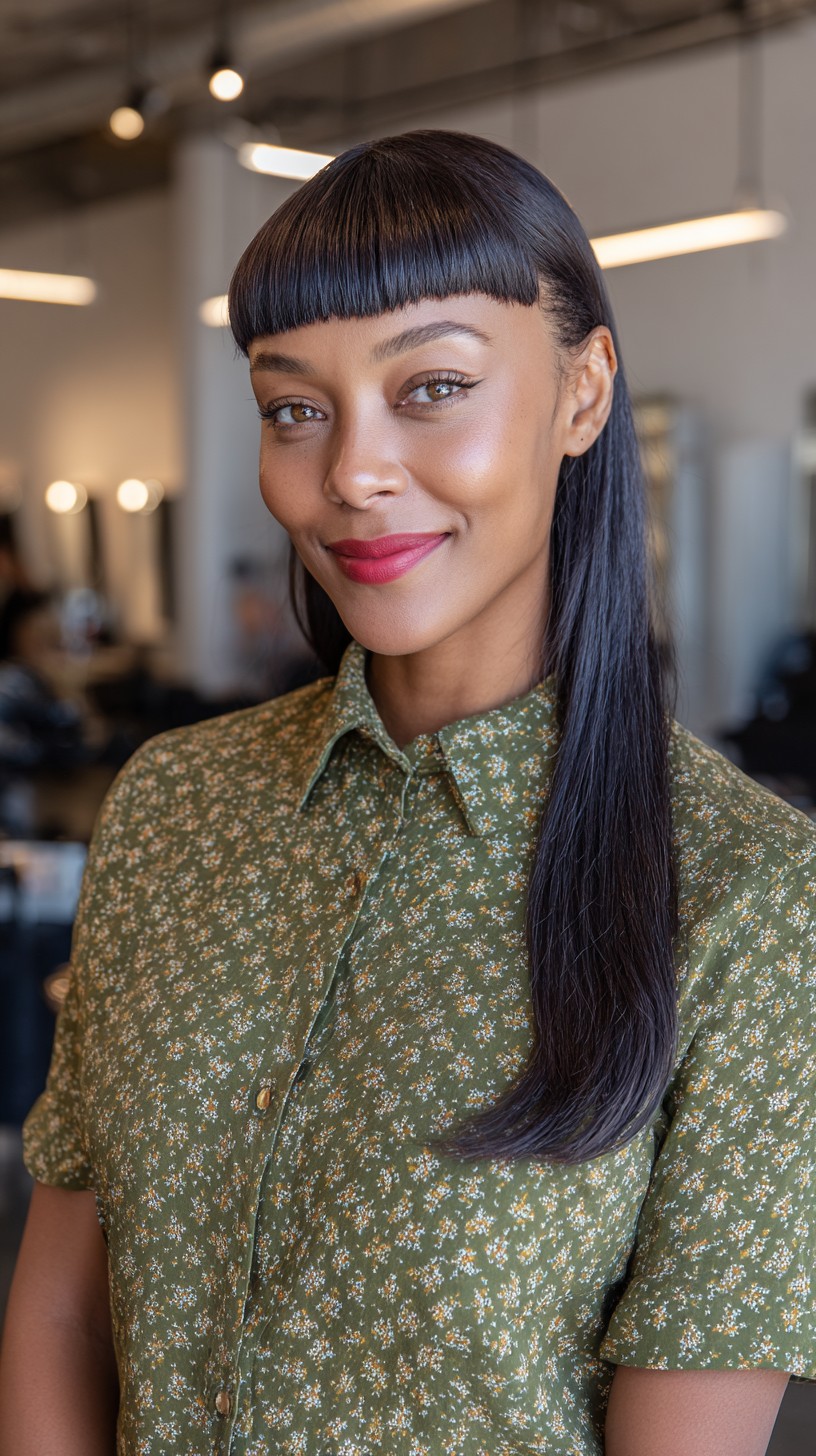 Sleek Jet-Black Hair with Precision-Cut Baby Bangs