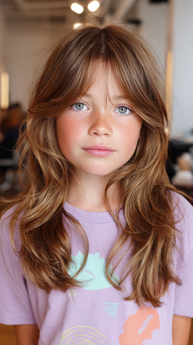 Soft Chestnut Waves with Curtain Bangs