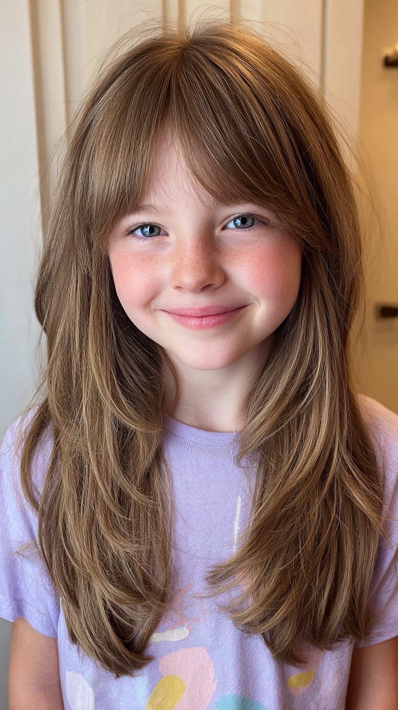 Softly Layered Golden Brown Haircut with Face-Framing Bangs